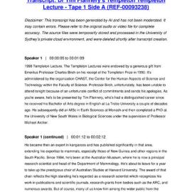 Dr Tim Flannery's Templeton Templeton Lecture - Tape 1 Side A - Transcript