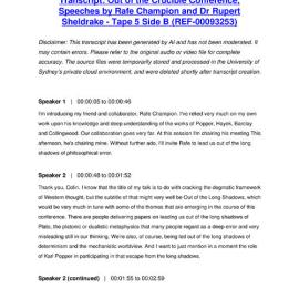 Out of the Crucible Conference, Speeches by Rafe Champion and Dr Rupert Sheldrake - Tape 5 Side B - Transcript
