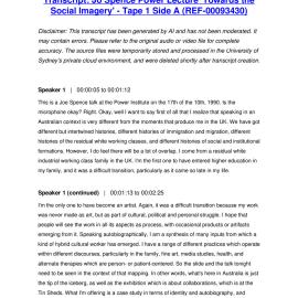 Jo Spence Power Lecture 'Towards the Social Imagery' - Tape 1 Side A - Transcript