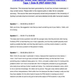 Shaw, Alan George Lewers Interview - Tape 1 Side B - Transcript