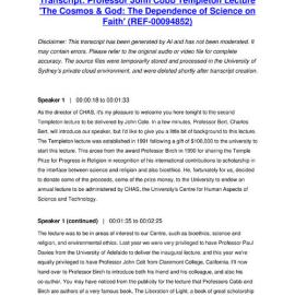 Professor John Cobb Templeton Lecture 'The Cosmos & God: The Dependence of Science on Faith' - Transcript
