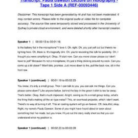 Paula Dawson Lecture on Holography - Tape 1 Side A - Transcript