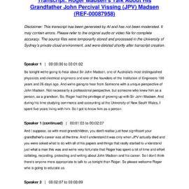 Roger Madsen's Talk About His Grandfather John Percival Vissing (JPV) Madsen - Transcript