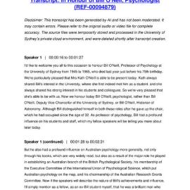 In Honour of Bill O'Neil, Psychologist - Transcript