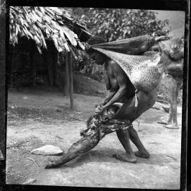 Woman Carrying Net Bags and Pork