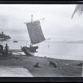 [Manum Island, New Guinea] A Manam Overseas Canoe on the Beach at Awar Plantation