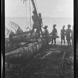[Manum Island, New Guinea] Raising the Mast Showing the mwabwa and the Two ’ore and the repe’a