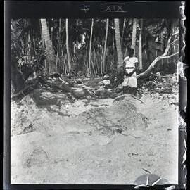 [Narau] The Stone Representation of Emenea in the Sand at the SW [Southwest] End of Anibari By [Bay]. Simon is Standing at the Head of the Figure