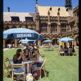 Students Sitting at Tables in the Quadrangle