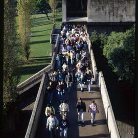 Students on Maze Crescent Footbridge
