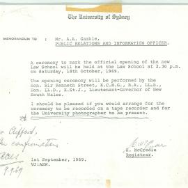 Memo to Mr AA Gamble Regarding the Opening of the Law School