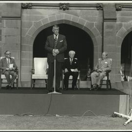 Sir Roden Cutler Addressing Audience at the Inauguration of the Rebuilt Carillon in the Quad