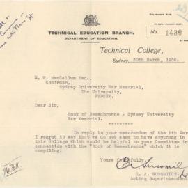 Letter from the Technical College regarding the Book of Remembrance