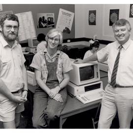 David Mckinnon, Vicki Vivian and Dr Ken Sinclair in the Microcomputer Education Centre